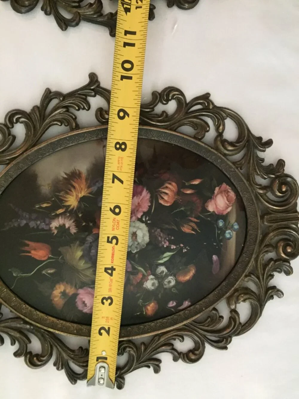 2 Vintage Italian Floral Print Ornate Metal/Brass Frame Convex Bubble Glass